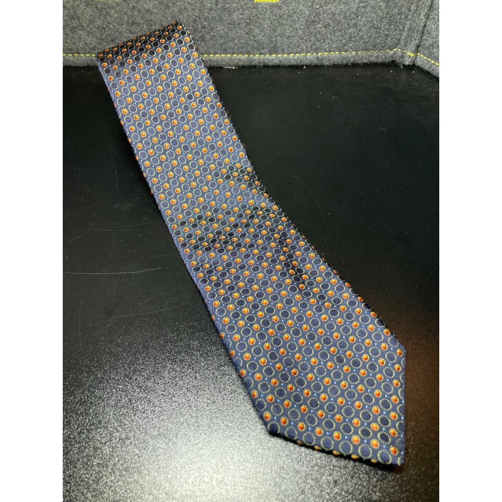 Ike Behar NY Mens Silk Tie Navy Orange Geometric Medallion Hand Tailored USA 59"